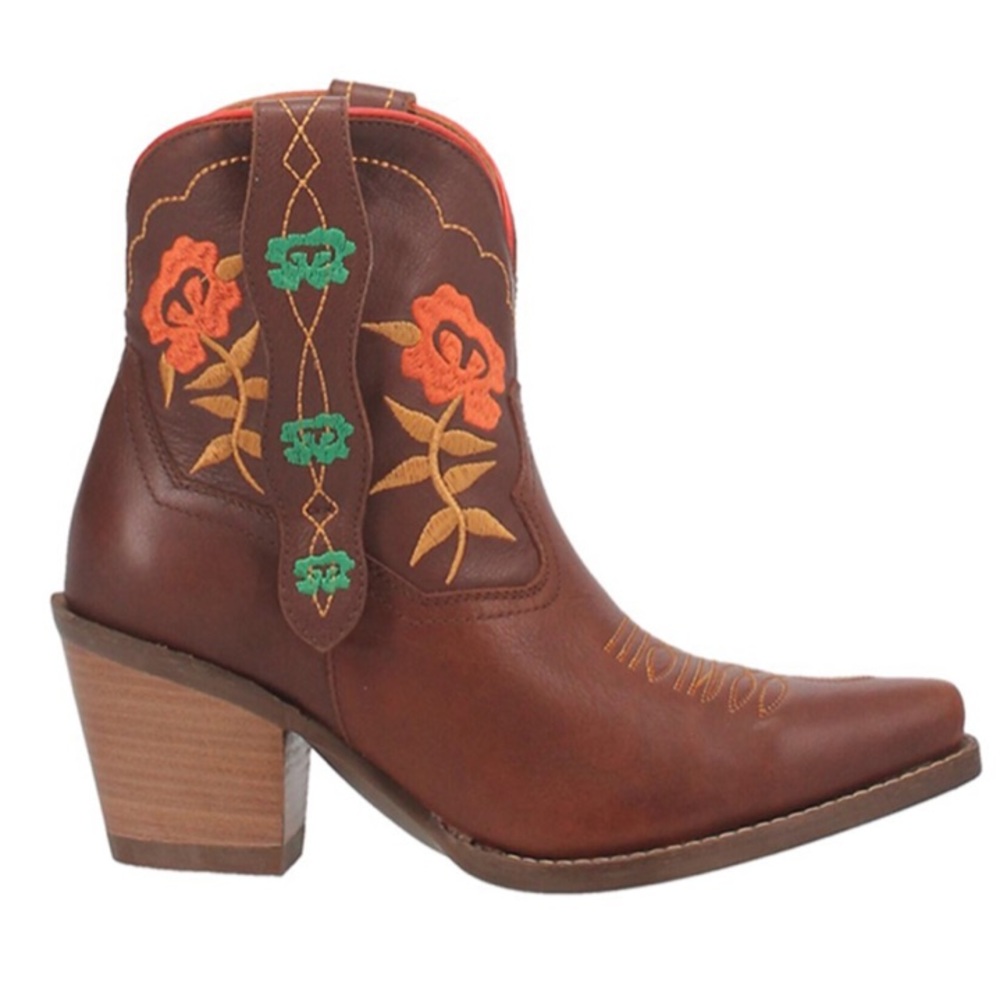 dingo Brown Ankle Boots with Orange & Green Floral Embroidery